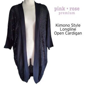 Longline Kimono Style Sleeve Open Cardigan Open Weave Black Size S